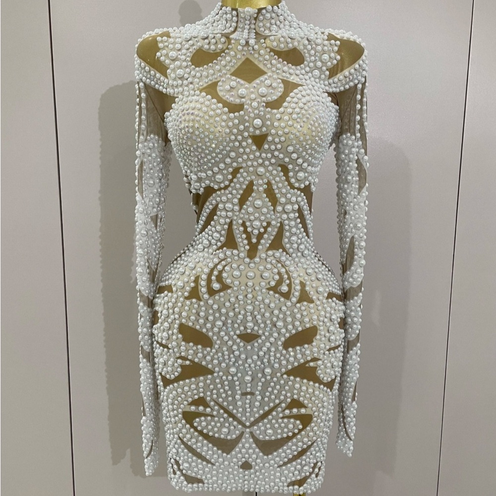 Women's Luxury Pearl Beading Spandex Bodycon Mini Dress